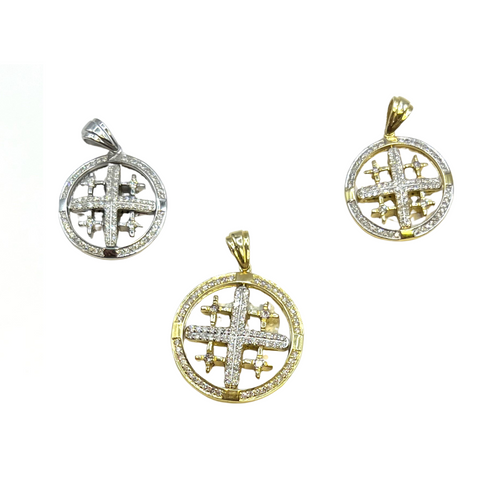 14K Yellow Gold with Blue & White Diamonds Spinning Jerusalem Cross Necklace