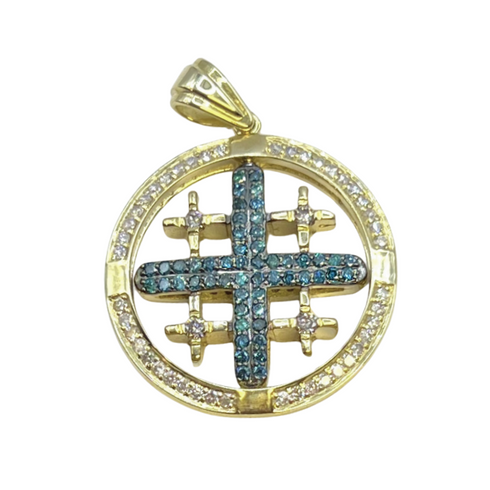 14K Yellow Gold with Blue & White Diamonds Spinning Jerusalem Cross Necklace
