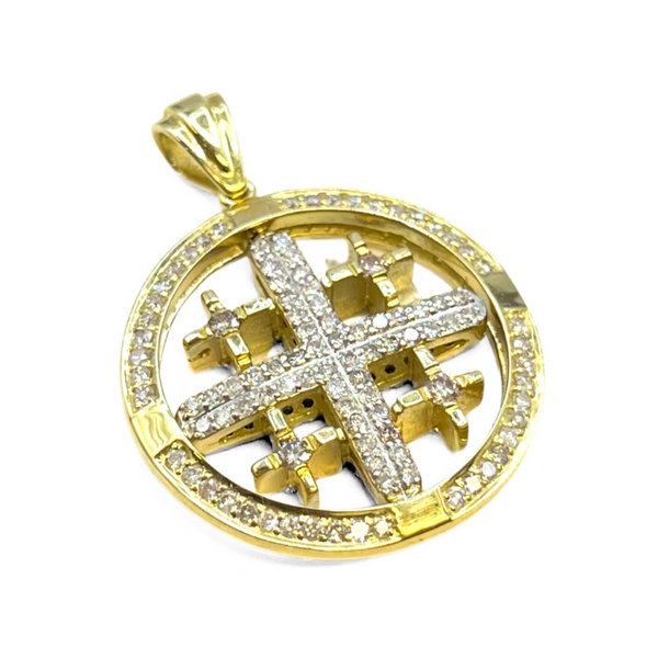 14K Yellow Gold with Blue & White Diamonds Spinning Jerusalem Cross Necklace