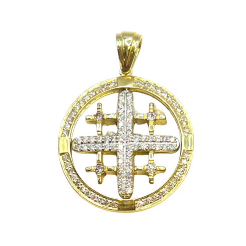 14K Yellow Gold with Blue & White Diamonds Spinning Jerusalem Cross Necklace