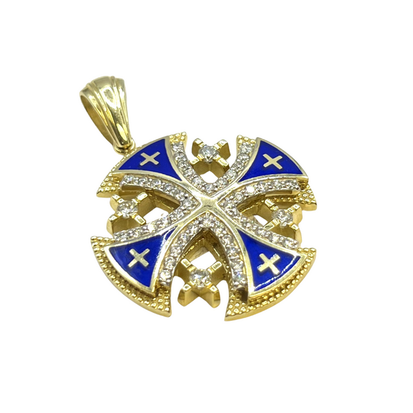14K Yellow Gold & Diamonds with Blue Enamel Jerusalem Cross Necklace