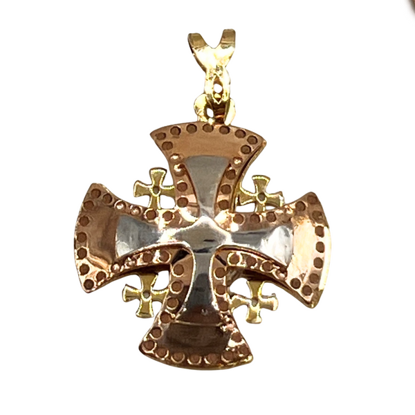 14K Tri Color Gold Domed Jerusalem Cross Necklace