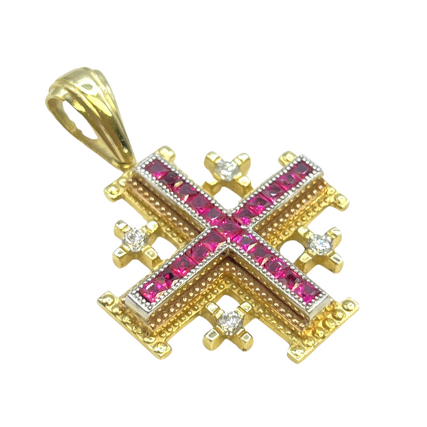 14K Yellow Gold With Diamond & Ruby Jerusalem Cross Necklace