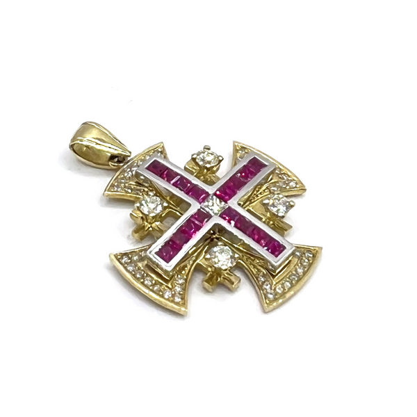 14K Yellow Gold With Diamond & Ruby Jerusalem Cross Necklace