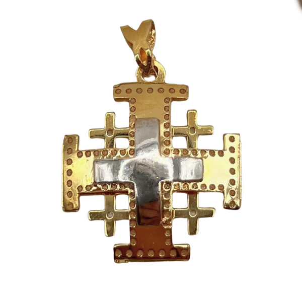 14K Tri Color Gold Classic Domed Jerusalem Cross Necklace
