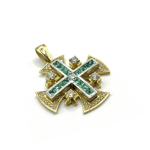 14K Yellow Gold With Diamond & Emerald Jerusalem Cross Necklace