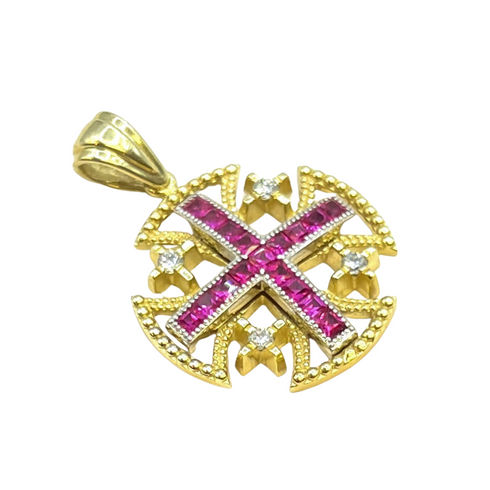 14K Yellow Gold With Diamond & Ruby Jerusalem Cross Necklace