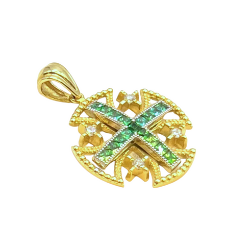 14K Yellow Gold With Diamond & Emerald Jerusalem Cross Necklace