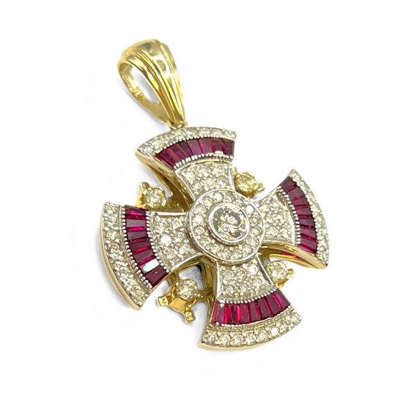 14K Yellow Gold & Diamond With Baguette Cut Ruby Jerusalem Cross Necklace