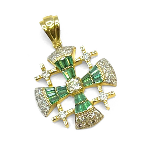 14K Yellow Gold & Diamond With Baguette Cut Emerald Jerusalem Cross Necklace