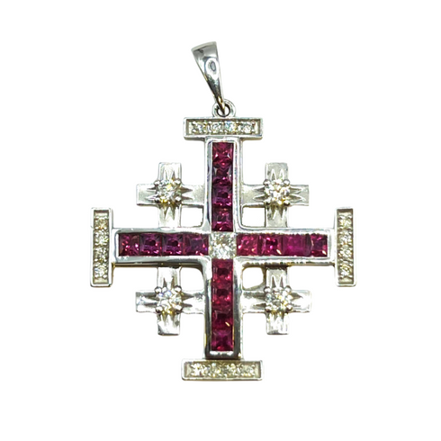 14K White Gold & Diamond With Princes Cut Ruby Jerusalem Cross N
