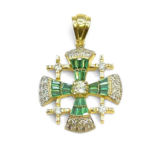 14K Yellow Gold & Diamond With Baguette Cut Emerald Jerusalem Cross Necklace