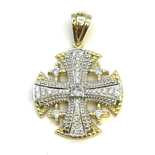 14K Gold With Center Diamond Jerusalem Cross Necklace