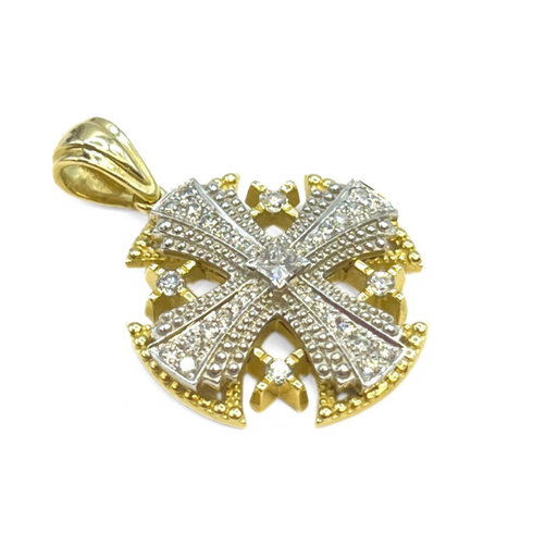 14K Gold With Center Diamond Jerusalem Cross Necklace