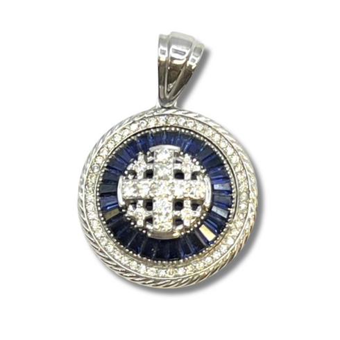 14K White Gold With Diamond & Baguette Cut Sapphire Jerusalem Cross Necklace
