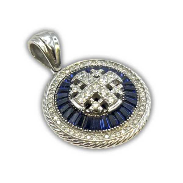 14K White Gold With Diamond & Baguette Cut Sapphire Jerusalem Cross Necklace