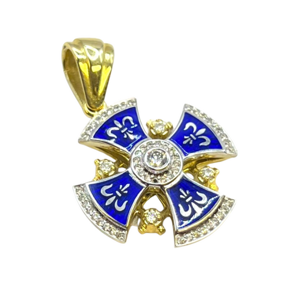 14K Yellow Gold & Diamonds with Blue Enamel Jerusalem Cross Necklace