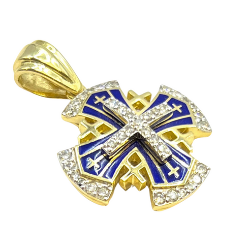 14K Yellow Gold & Diamonds with Blue Enamel Jerusalem Cross Necklace