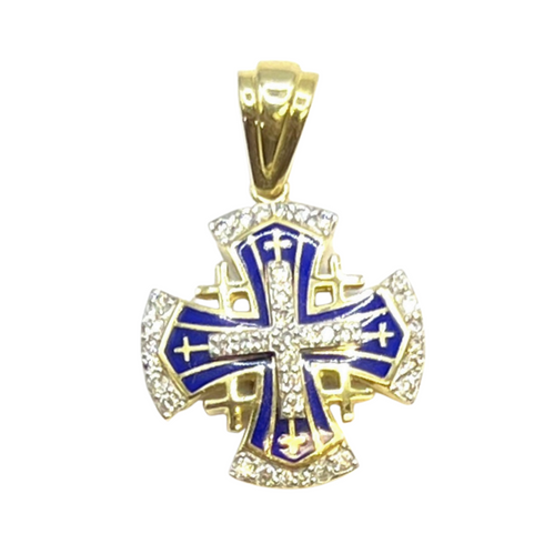 14K Yellow Gold & Diamonds with Blue Enamel Jerusalem Cross Necklace