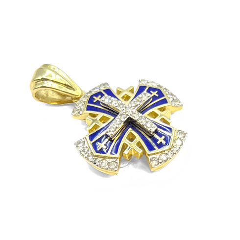 14K Yellow Gold & Diamonds with Blue Enamel Jerusalem Cross Necklace