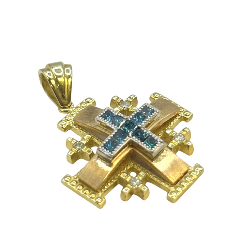 14K Yellow Rose Gold with Blue & White Diamonds Classic Jerusalem Cross Necklace