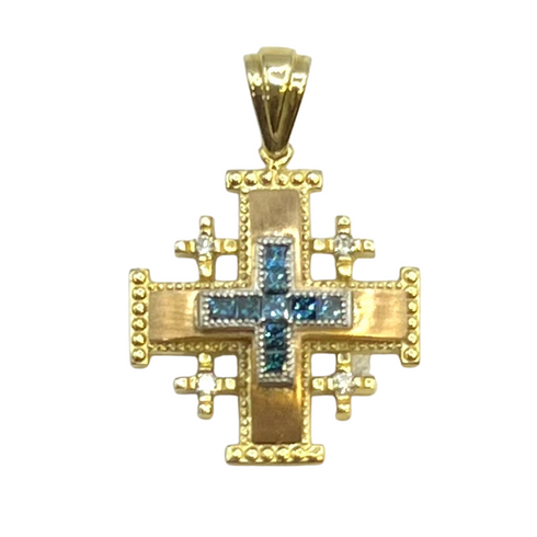 14K Yellow Rose Gold with Blue & White Diamonds Classic Jerusalem Cross Necklace