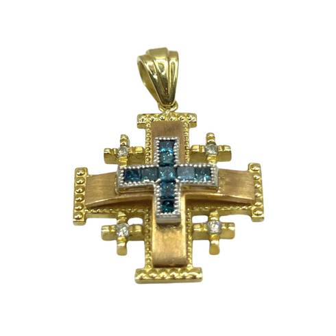 14K Yellow Rose Gold with Blue & White Diamonds Classic Jerusalem Cross Necklace
