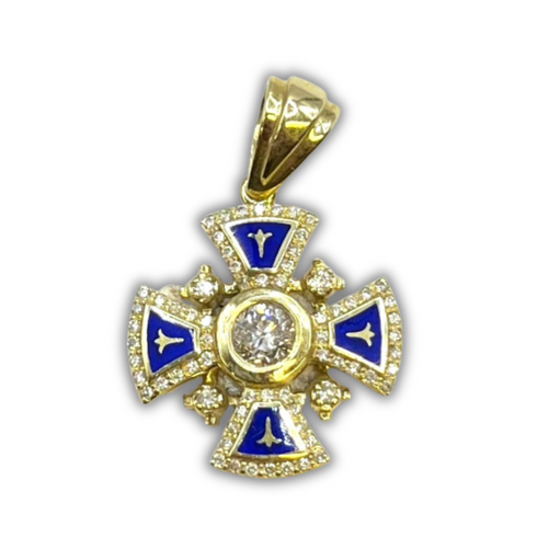 14K Yellow Gold & Center Stone Diamonds with Blue Enamel Jerusalem Cross Necklace