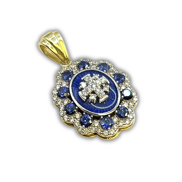 14K Yellow Gold Diamonds Sapphire with Blue Enamel Medallion Jerusalem Cross Necklace