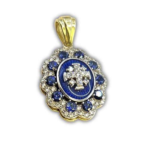 14K Yellow Gold Diamonds Sapphire with Blue Enamel Medallion Jerusalem Cross Necklace