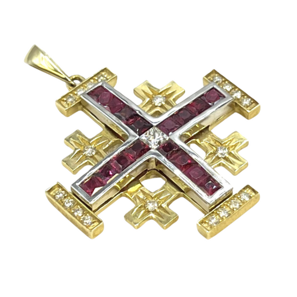 14K White Gold & Diamond With Princes Cut Ruby Jerusalem Cross N