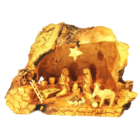 Hand Carved Olive Wood Cave Nativity Scene