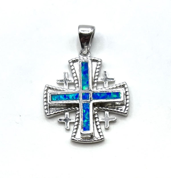Sterling Silver with Opal Jerusalem Cross Pendant