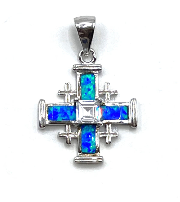 Sterling Silver with Opal Jerusalem Cross Pendant