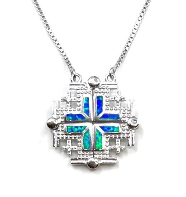 Sterling with Opal Jerusalem Cross Opening Magnetic Necklace