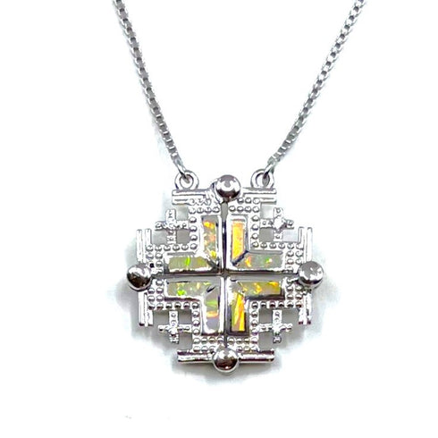 Sterling with Opal Jerusalem Cross Opening Magnetic Necklace