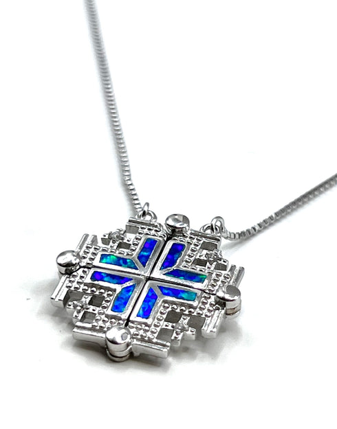 Sterling with Opal Jerusalem Cross Opening Magnetic Necklace
