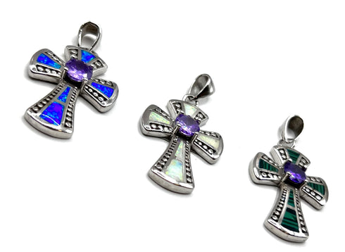 Sterling Silver Opal With Center Stone Cross Pendant