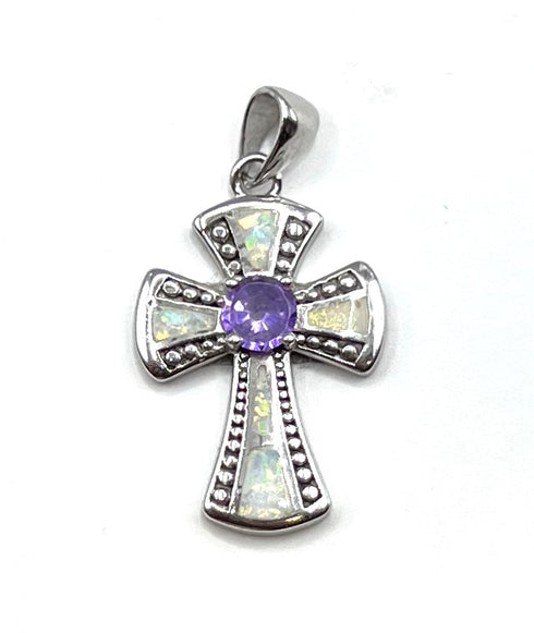Sterling Silver Opal With Center Stone Cross Pendant