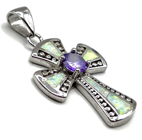 Sterling Silver Opal With Center Stone Cross Pendant