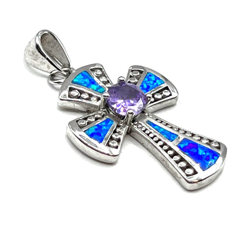 Sterling Silver Opal With Center Stone Cross Pendant