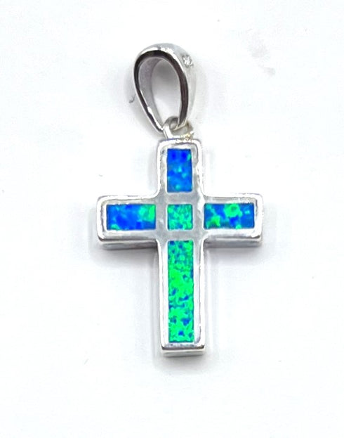 Sterling Silver With Opal Double Sided Cross Pendant