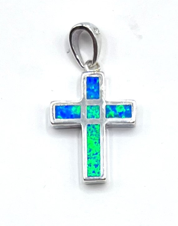 Sterling Silver With Opal Double Sided Cross Pendant