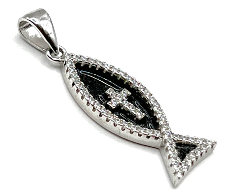 Sterling Silver With Enamel Fish with Cross Pendant
