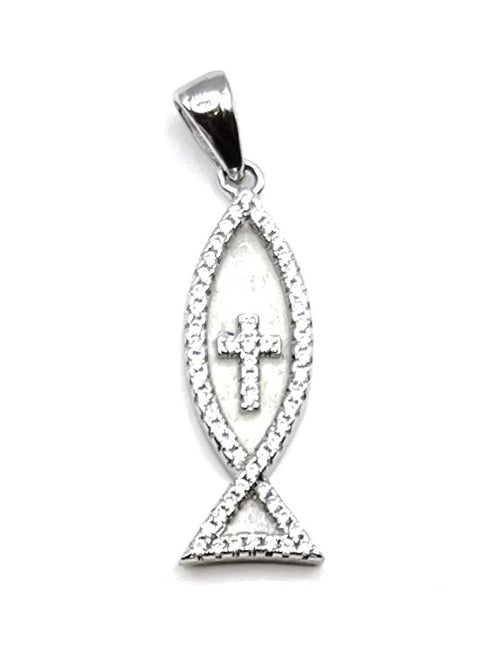 Sterling Silver With Enamel Fish with Cross Pendant