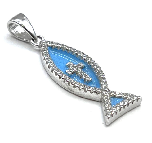 Sterling Silver With Enamel Fish with Cross Pendant