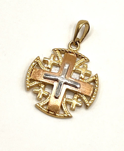 14K Yellow Gold Round domed Jerusalem Cross Necklace