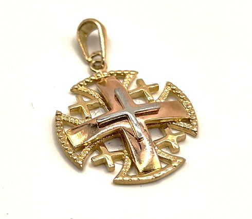 14K Yellow Gold Round domed Jerusalem Cross Necklace