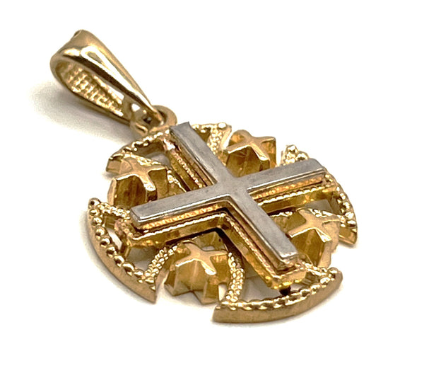 14K Tri Color Gold Thick Round Jerusalem Cross Necklace