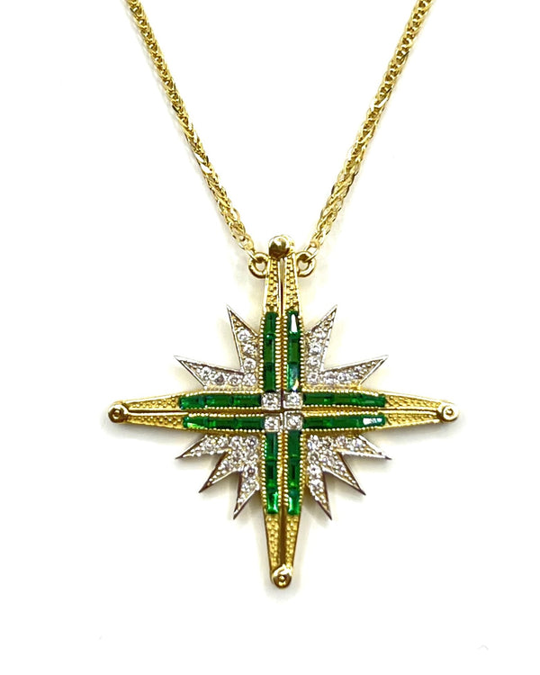 14K Gold Diamond & Emerald Star Of Bethlehem Opening Magnetic Necklace